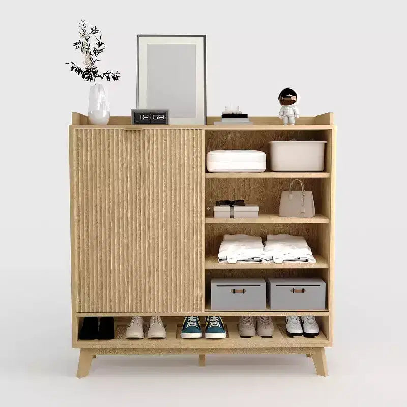 Schmaler geriffelter Schuhschrank für den Eingangsbereich, großer freistehender Schuh-Organizer aus Holz mit Schiebetür, 2 Klappschubladen, verstellbare Regalböden