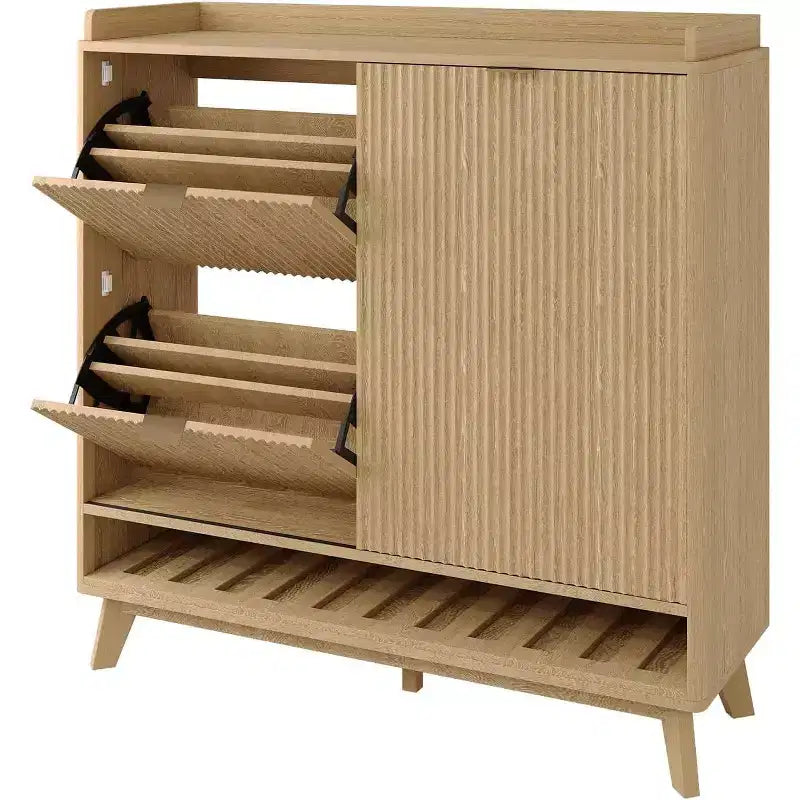 Schmaler geriffelter Schuhschrank für den Eingangsbereich, großer freistehender Schuh-Organizer aus Holz mit Schiebetür, 2 Klappschubladen, verstellbare Regalböden