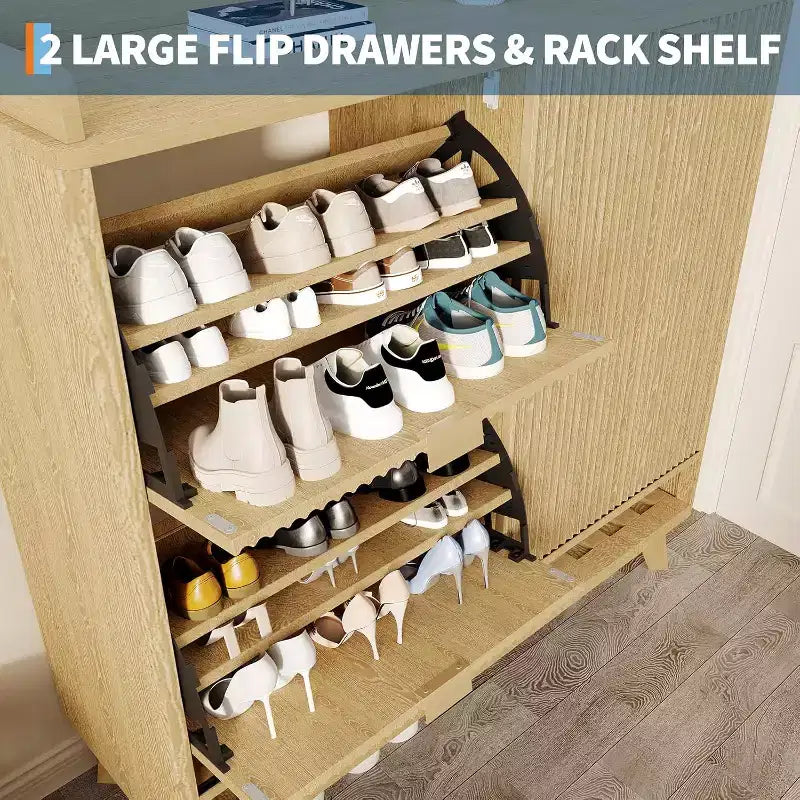 Schmaler geriffelter Schuhschrank für den Eingangsbereich, großer freistehender Schuh-Organizer aus Holz mit Schiebetür, 2 Klappschubladen, verstellbare Regalböden