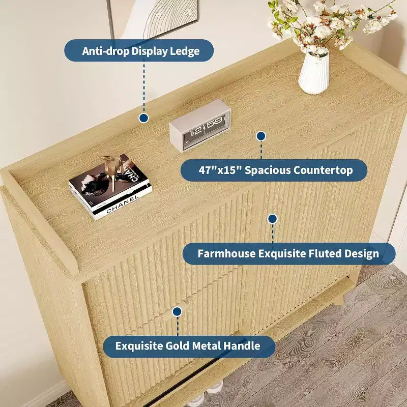 Schmaler geriffelter Schuhschrank für den Eingangsbereich, großer freistehender Schuh-Organizer aus Holz mit Schiebetür, 2 Klappschubladen, verstellbare Regalböden