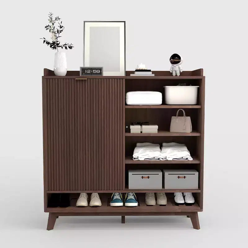 Schmaler geriffelter Schuhschrank für den Eingangsbereich, großer freistehender Schuh-Organizer aus Holz mit Schiebetür, 2 Klappschubladen, verstellbare Regalböden