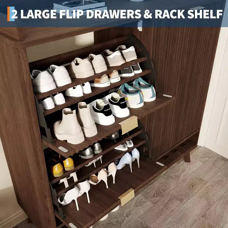 Schmaler geriffelter Schuhschrank für den Eingangsbereich, großer freistehender Schuh-Organizer aus Holz mit Schiebetür, 2 Klappschubladen, verstellbare Regalböden