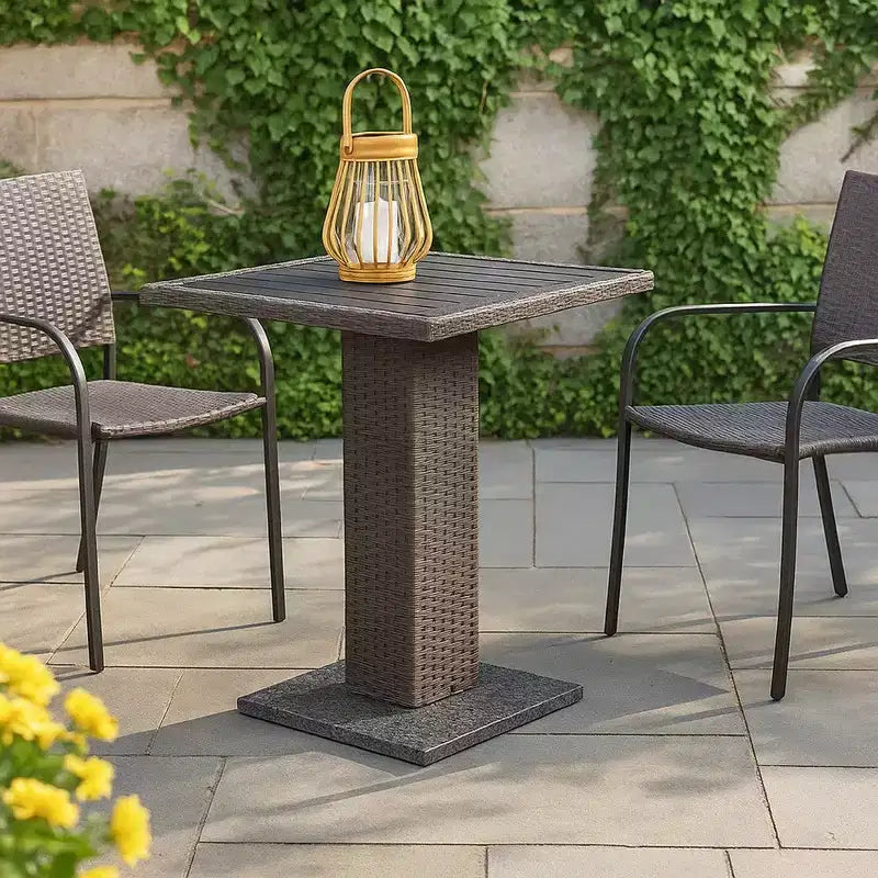 Bistro-Außentisch, Marmorfuß, grauer PE-Rattanrahmen, 69 cm