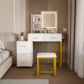  Vanity Desk with 3 Color Adjustable Mirror and Power Outlet, Makeup Vanity with Metal Frame and Stool, Dressing Table for Home, White