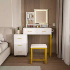  Vanity Desk with 3 Color Adjustable Mirror and Power Outlet, Makeup Vanity with Metal Frame and Stool, Dressing Table for Home, White