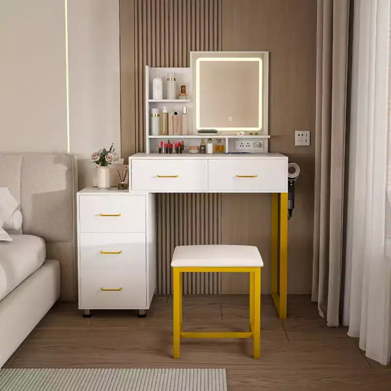  Vanity Desk with 3 Color Adjustable Mirror and Power Outlet, Makeup Vanity with Metal Frame and Stool, Dressing Table for Home, White
