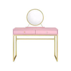  Modern Girls Vanity with Gold Finish Legs, Vanity Desk with Jewelry Tray and 2 Drawers, Compact Vanity with Mirror for Home, Gold+Pink