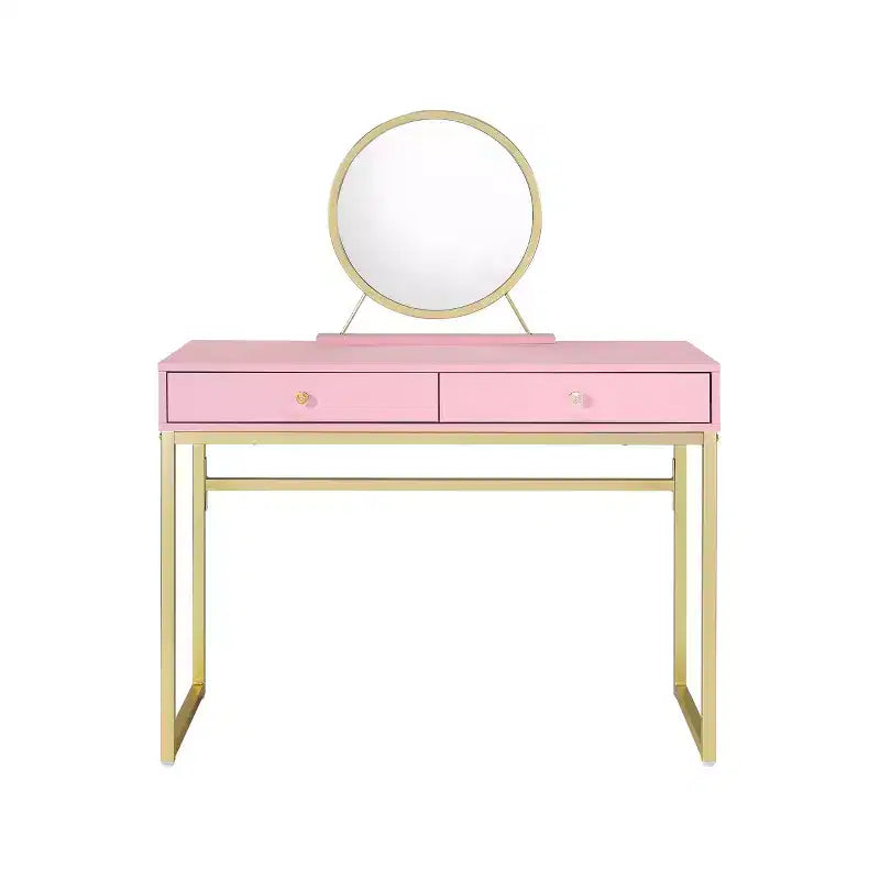  Modern Girls Vanity with Gold Finish Legs, Vanity Desk with Jewelry Tray and 2 Drawers, Compact Vanity with Mirror for Home, Gold+Pink