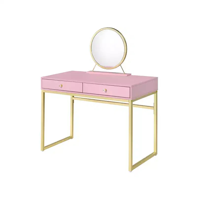 Mädchen Schminktisch mit Spiegel, Schmuckablage & 2 Schubladen, goldfarbene Beine, Pink, 106,7 cm breiter Kompakt-Schminktisch