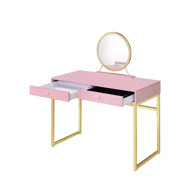Mädchen Schminktisch mit Spiegel, Schmuckablage & 2 Schubladen, goldfarbene Beine, Pink, 106,7 cm breiter Kompakt-Schminktisch