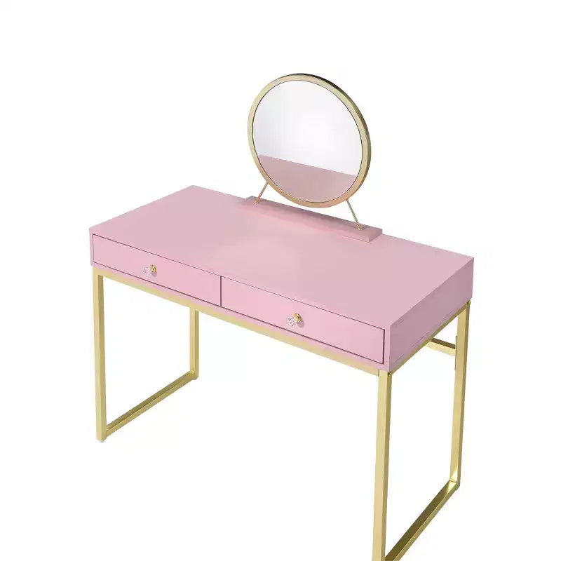 Mädchen Schminktisch mit Spiegel, Schmuckablage & 2 Schubladen, goldfarbene Beine, Pink, 106,7 cm breiter Kompakt-Schminktisch