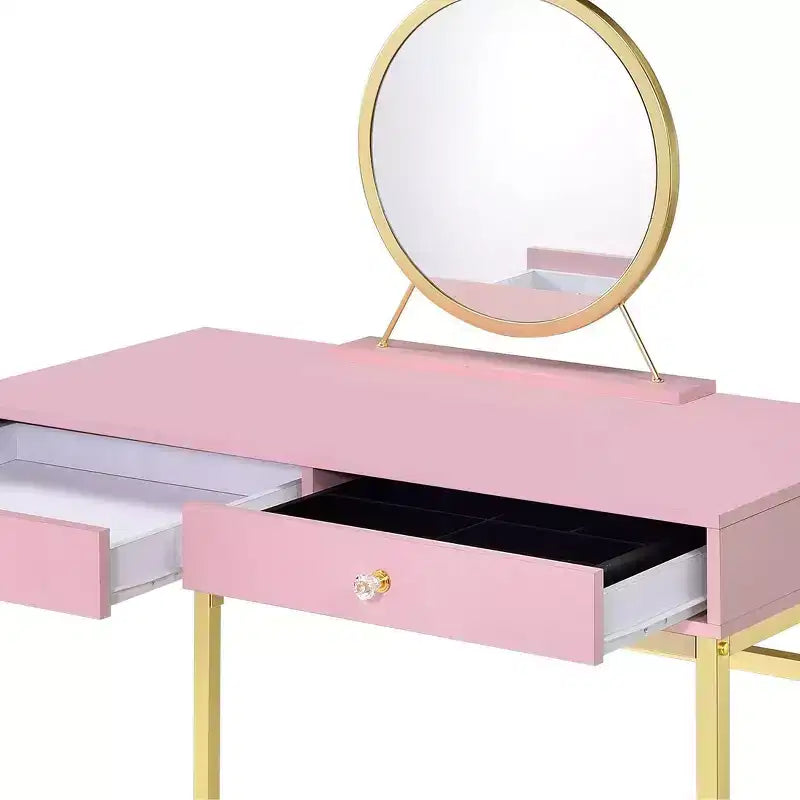 Mädchen Schminktisch mit Spiegel, Schmuckablage & 2 Schubladen, goldfarbene Beine, Pink, 106,7 cm breiter Kompakt-Schminktisch