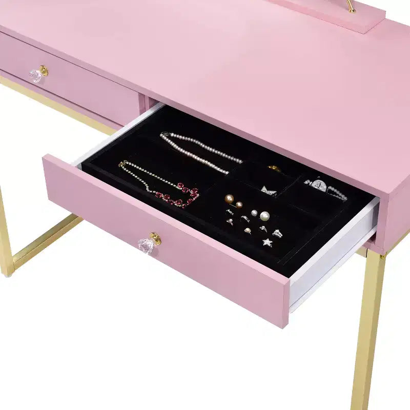 Mädchen Schminktisch mit Spiegel, Schmuckablage & 2 Schubladen, goldfarbene Beine, Pink, 106,7 cm breiter Kompakt-Schminktisch