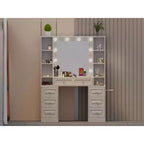  Elegent Vanity Desk with Large Mirror, Makeup Vanity with Charging Station, Dressing Table for Living Room, Bedroom, White