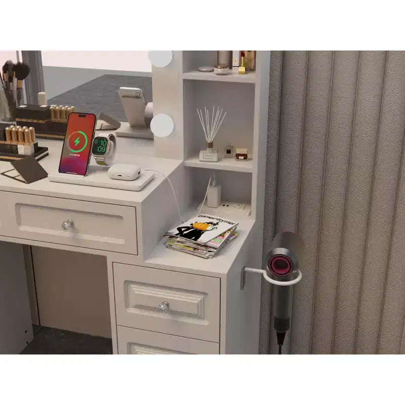 Eleganter Schminktisch mit großem beleuchteten Spiegel & Ladestation, weißer Frisiertisch für Schlafzimmer & Wohnzimmer