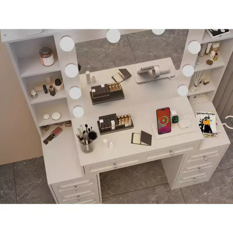 Eleganter Schminktisch mit großem beleuchteten Spiegel & Ladestation, weißer Frisiertisch für Schlafzimmer & Wohnzimmer