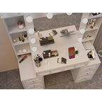 Eleganter Schminktisch mit großem beleuchteten Spiegel & Ladestation, weißer Frisiertisch für Schlafzimmer & Wohnzimmer