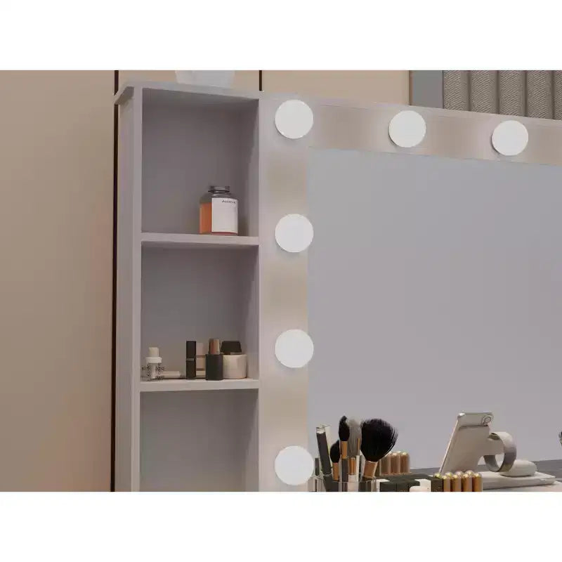 Eleganter Schminktisch mit großem beleuchteten Spiegel & Ladestation, weißer Frisiertisch für Schlafzimmer & Wohnzimmer