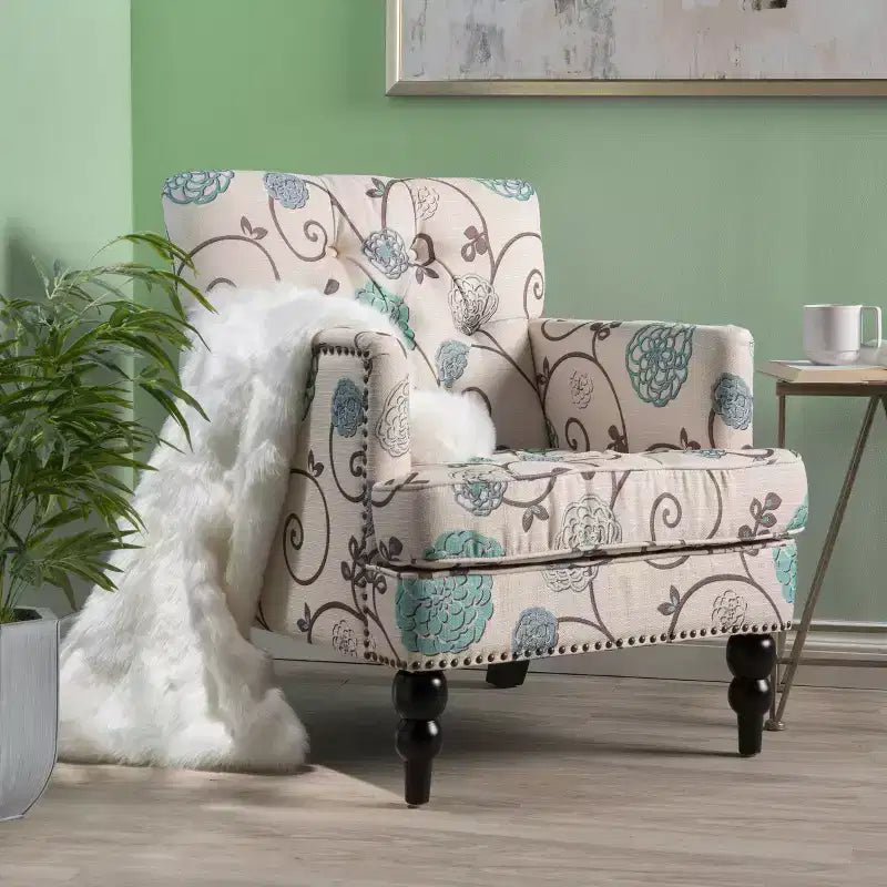  Mid-Century Modern Accent Chair with Nailhead & Button Tufted Upholstered Comfy Chair with Wood Legs Armchair for Living Room, Bedroom
