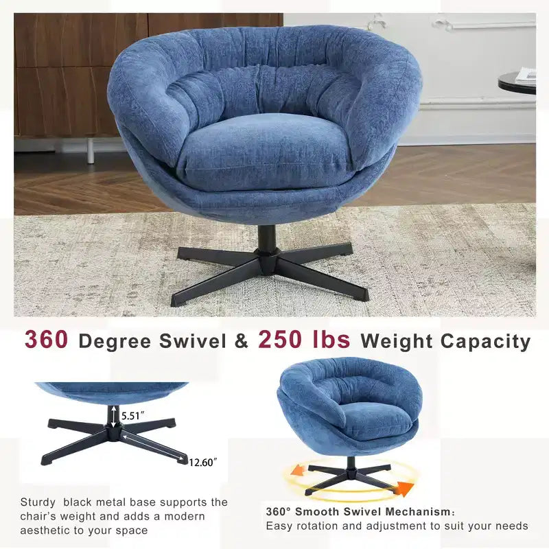 360° drehbarer Akzentsessel, abnehmbarer Chenille-Bezug, schwarzes Metallgestell, ergonomischer Lesesessel für Wohn- und Schlafzimmer