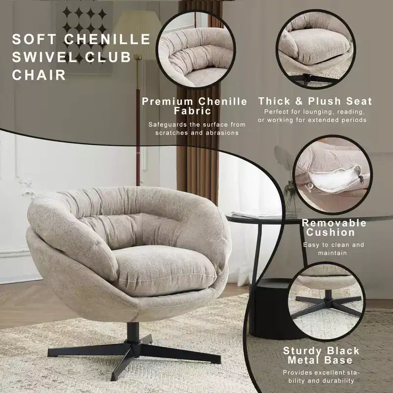 360° drehbarer Akzentsessel, abnehmbarer Chenille-Bezug, schwarzes Metallgestell, ergonomischer Lesesessel für Wohn- und Schlafzimmer