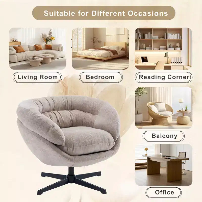360° drehbarer Akzentsessel, abnehmbarer Chenille-Bezug, schwarzes Metallgestell, ergonomischer Lesesessel für Wohn- und Schlafzimmer