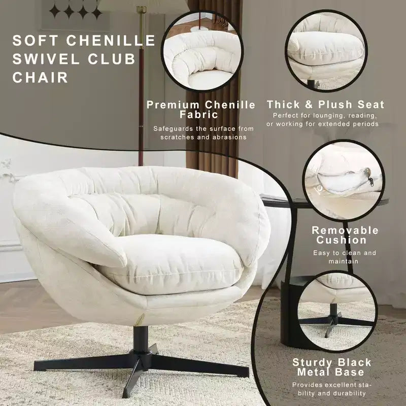 360° drehbarer Akzentsessel, abnehmbarer Chenille-Bezug, schwarzes Metallgestell, ergonomischer Lesesessel für Wohn- und Schlafzimmer