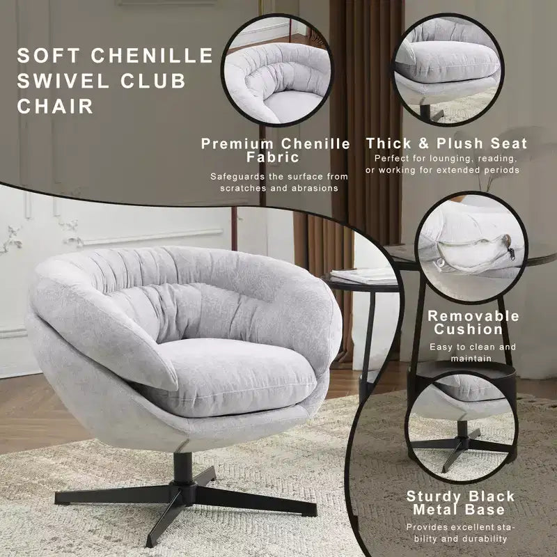 360° drehbarer Akzentsessel, abnehmbarer Chenille-Bezug, schwarzes Metallgestell, ergonomischer Lesesessel für Wohn- und Schlafzimmer