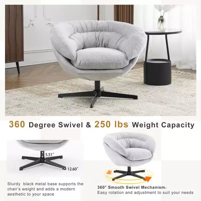 360° drehbarer Akzentsessel, abnehmbarer Chenille-Bezug, schwarzes Metallgestell, ergonomischer Lesesessel für Wohn- und Schlafzimmer