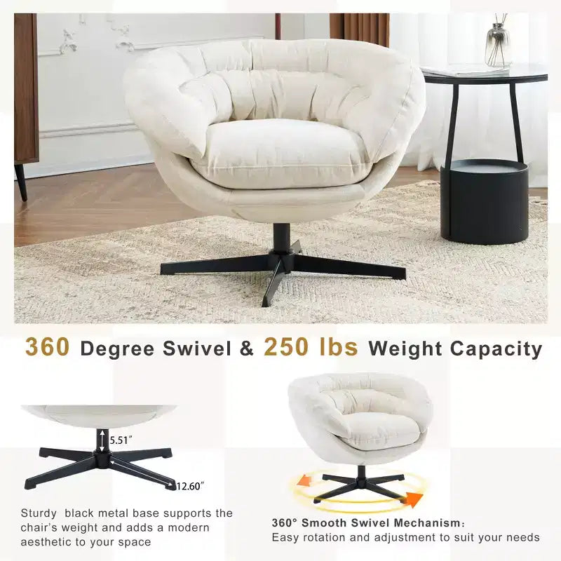 360° drehbarer Akzentsessel, abnehmbarer Chenille-Bezug, schwarzes Metallgestell, ergonomischer Lesesessel für Wohn- und Schlafzimmer
