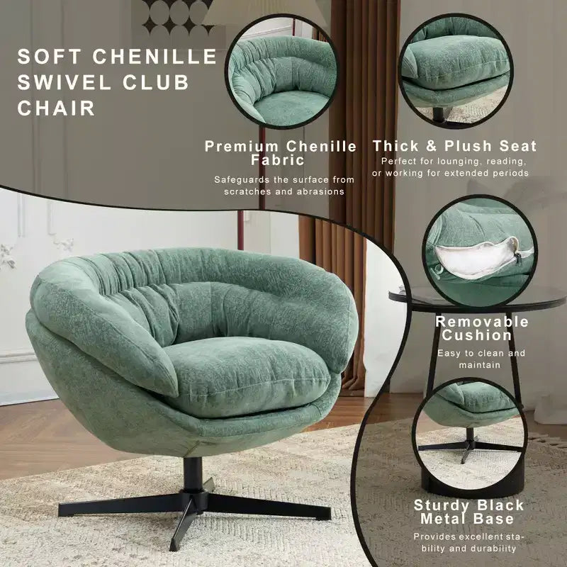 360° drehbarer Akzentsessel, abnehmbarer Chenille-Bezug, schwarzes Metallgestell, ergonomischer Lesesessel für Wohn- und Schlafzimmer