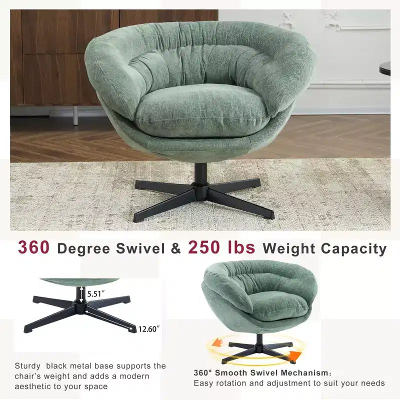 360° drehbarer Akzentsessel, abnehmbarer Chenille-Bezug, schwarzes Metallgestell, ergonomischer Lesesessel für Wohn- und Schlafzimmer