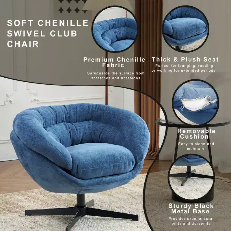 360° drehbarer Akzentsessel, abnehmbarer Chenille-Bezug, schwarzes Metallgestell, ergonomischer Lesesessel für Wohn- und Schlafzimmer