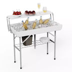 Outdoor Cooling Ice Table with Drain & Folding Design, White HDPE Party Cooler Table for Poolside, BBQ, Tailgate, Portable Bar with Skirt