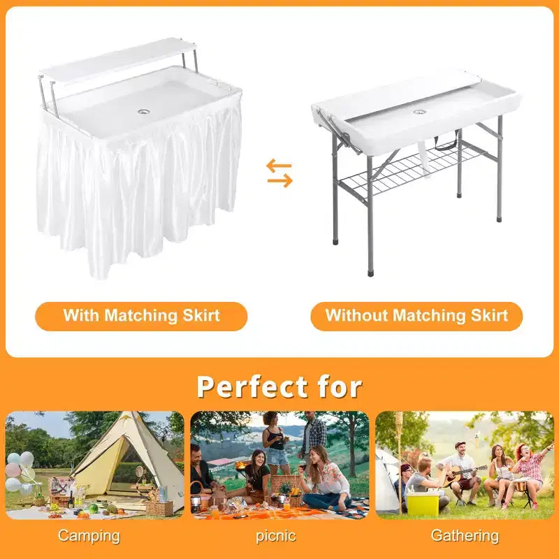 Outdoor-Kühltisch mit Abfluss und Klappdesign, weißer HDPE-Party-Kühltisch für Pool, Grill, Heckklappe, tragbare Bar mit Rock