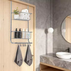 Über-Tür-Organizer, 2-etagiger Duschkorb aus Metall mit 6 Haken, verstellbare Hängeaufbewahrung für Bad, Speisekammer & Schrank, platzsparende Lösung
