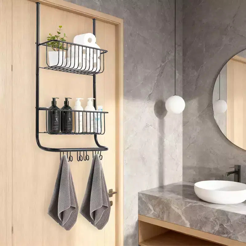 Über-Tür-Organizer, 2-etagiger Duschkorb aus Metall mit 6 Haken, verstellbare Hängeaufbewahrung für Bad, Speisekammer & Schrank, platzsparende Lösung