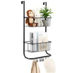 Over The Door Organizer, 2-Tier Metal Shower Caddy with 6 Hooks, Adjustable Hanging Storage for Bathroom, Pantry & Closet, Space Saving Solution