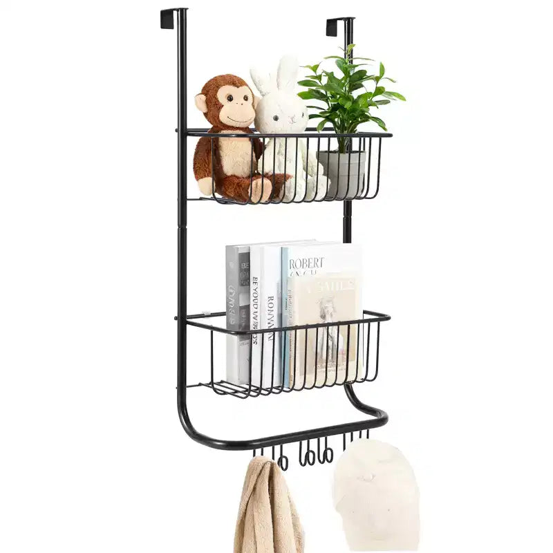 Over The Door Organizer, 2-Tier Metal Shower Caddy with 6 Hooks, Adjustable Hanging Storage for Bathroom, Pantry & Closet, Space Saving Solution