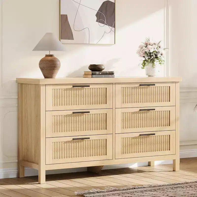 Fluted 6 Drawers Dresser for Bedroom,47.4 Inch Wide Large Wood Chest of Drawers,Modern TV Stand & Clothes Storage Cabinet for Nursery,Living Room,Oak