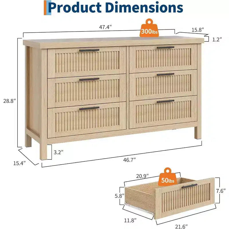 47" breite Kommode mit 6 Schubladen und Rillen, Holzkommode für Schlafzimmer, Kinderzimmer & Wohnzimmer, Eiche