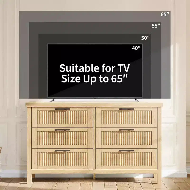47" breite Kommode mit 6 Schubladen und Rillen, Holzkommode für Schlafzimmer, Kinderzimmer & Wohnzimmer, Eiche