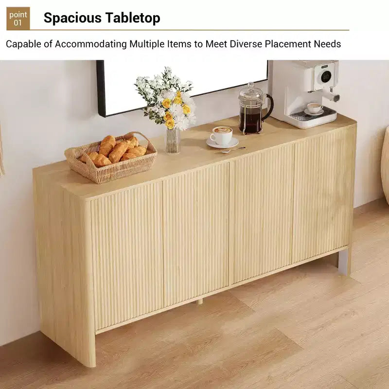 58" geriffeltes Sideboard Buffet mit 4 Türen und verstellbaren Einlegeböden, Mid-Century Modern Kaffeebar, Eichenton