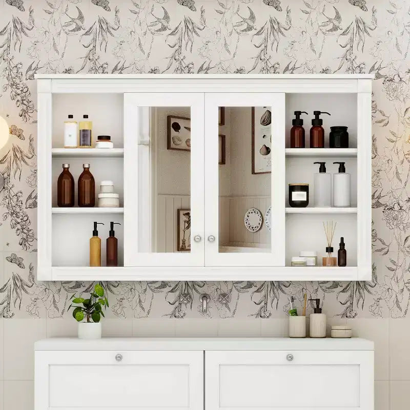 Badezimmerspiegelschrank 120 cm, wandmontiert, verstellbare & offene Regale, Medizinschrank für Bad, Schlafzimmer oder Schminktisch