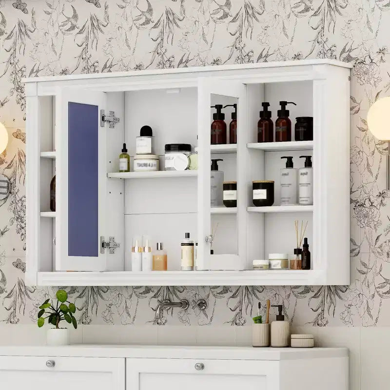 Badezimmerspiegelschrank 120 cm, wandmontiert, verstellbare & offene Regale, Medizinschrank für Bad, Schlafzimmer oder Schminktisch