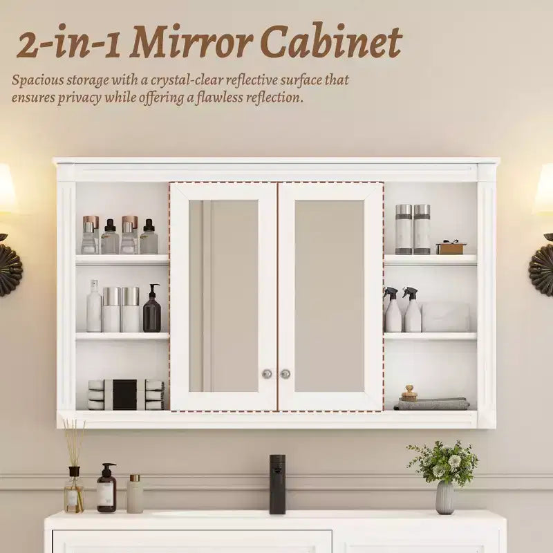 Badezimmerspiegelschrank 120 cm, wandmontiert, verstellbare & offene Regale, Medizinschrank für Bad, Schlafzimmer oder Schminktisch