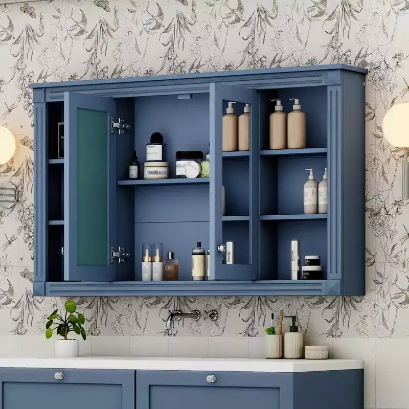 Badezimmerspiegelschrank 120 cm, wandmontiert, verstellbare & offene Regale, Medizinschrank für Bad, Schlafzimmer oder Schminktisch