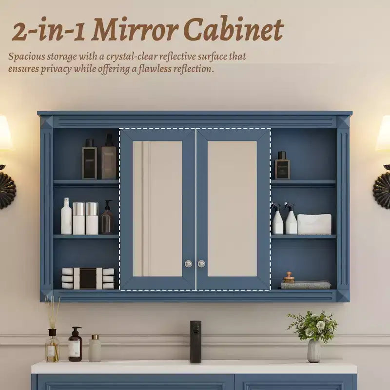 Badezimmerspiegelschrank 120 cm, wandmontiert, verstellbare & offene Regale, Medizinschrank für Bad, Schlafzimmer oder Schminktisch