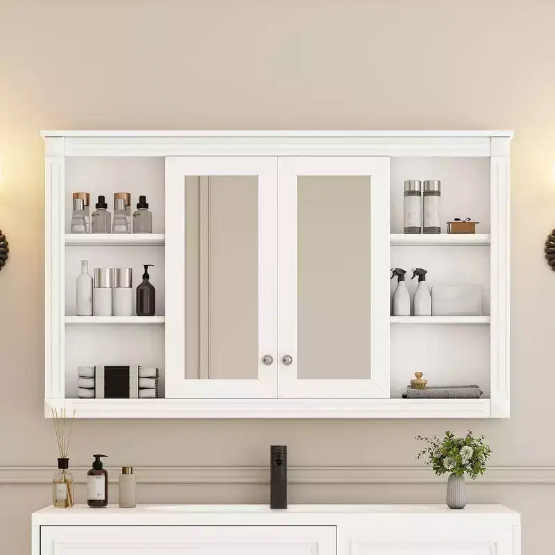 Badezimmerspiegelschrank 120 cm, wandmontiert, verstellbare & offene Regale, Medizinschrank für Bad, Schlafzimmer oder Schminktisch
