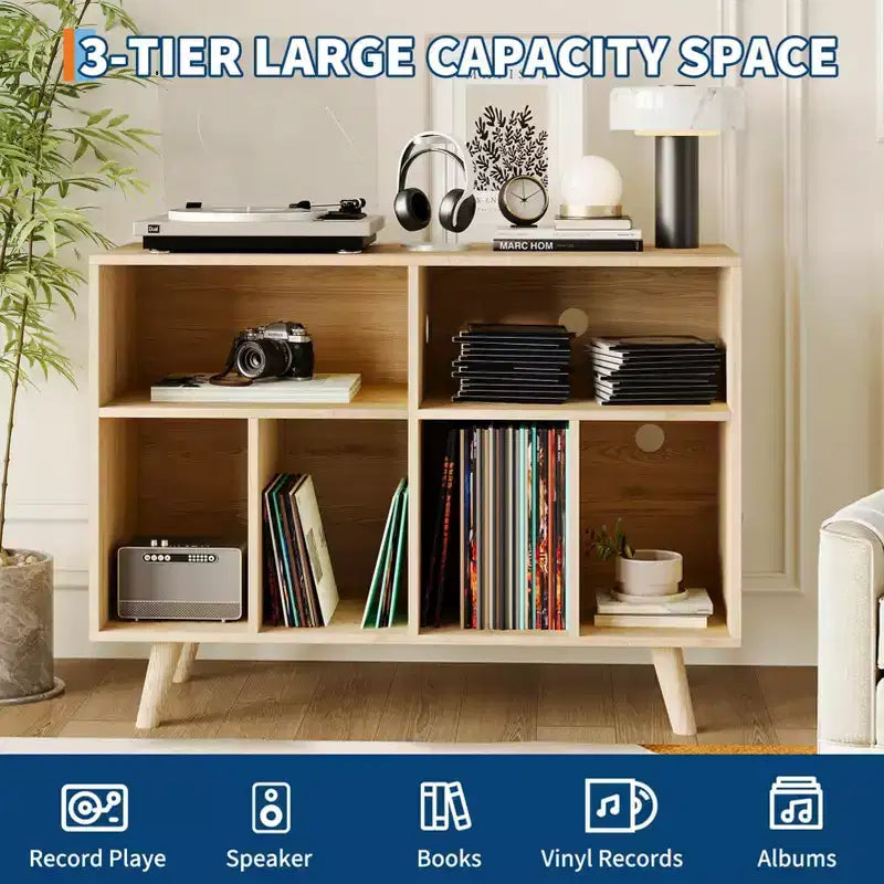 Plattenspielerständer mit Schallplattenaufbewahrung - Plattenspieler-Rack mit Schallplattenaufbewahrung - Schallplattenhalter aus Holz mit Plattenspielerfach